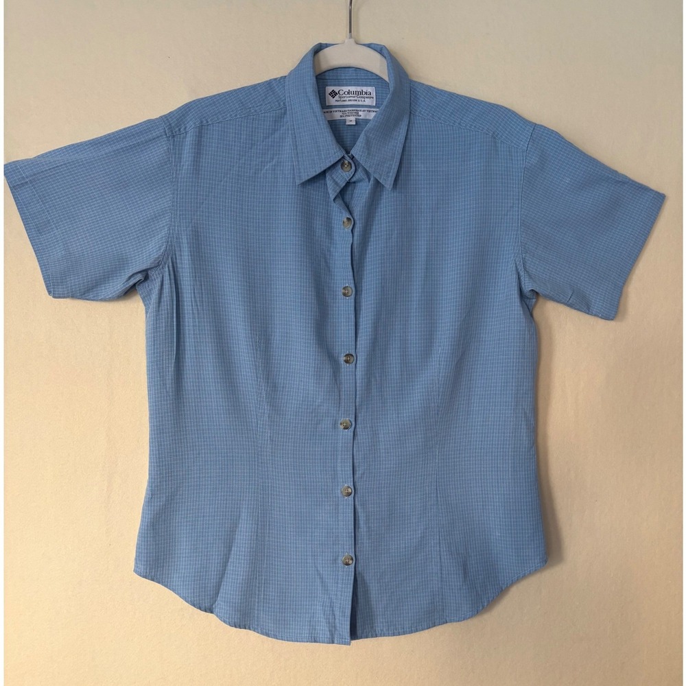 Columbia Sportswear Mens Blue Textured Short Sleeve Button Down Shirt Size M